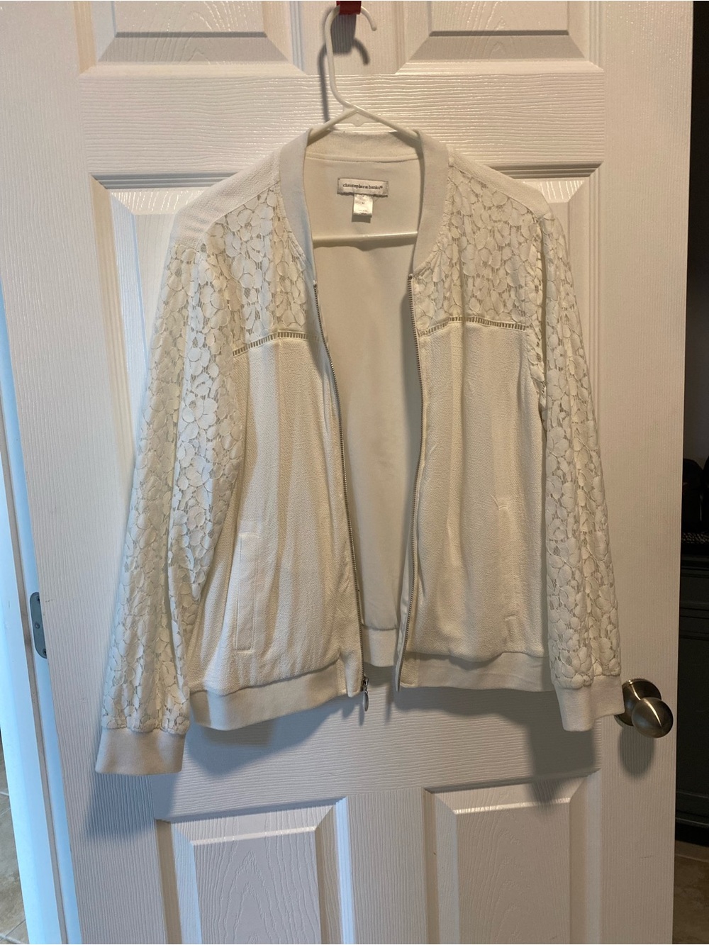 Christopher & Banks White Lace-Panel Sweater Jacket